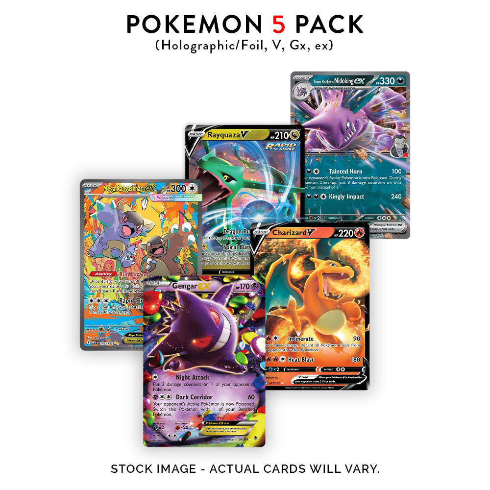 5 Pokemon Ultra Rare Card Lot - V, Gx, ex, Assorted Variety - No Duplicates