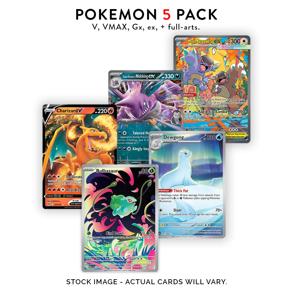 5 Pokemon Ultra Rare Card Lot - V, Gx, ex, Assorted Variety - No Duplicates